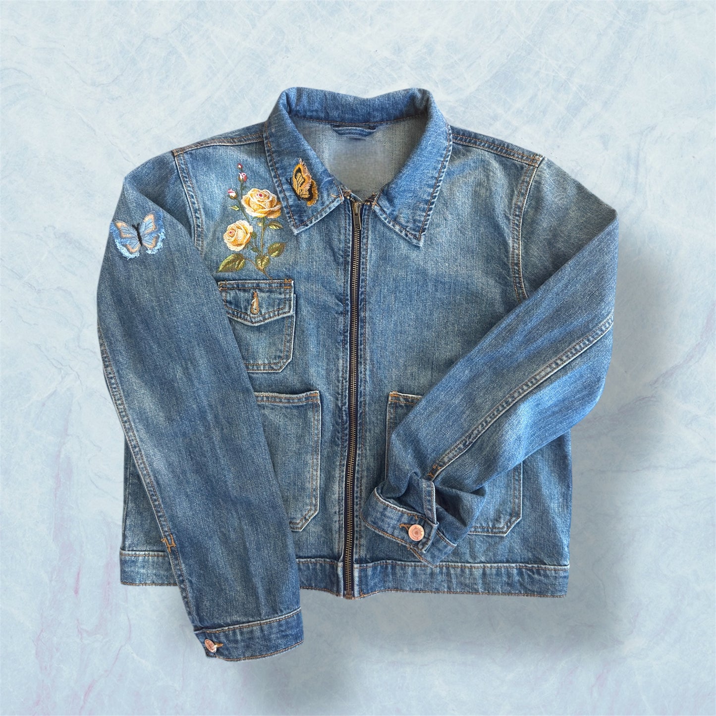 Women's Embroidered Denim Jacket - Floral and Butterfly Jean Jacket, Vintage Boho Style for Casual and Festival Wear