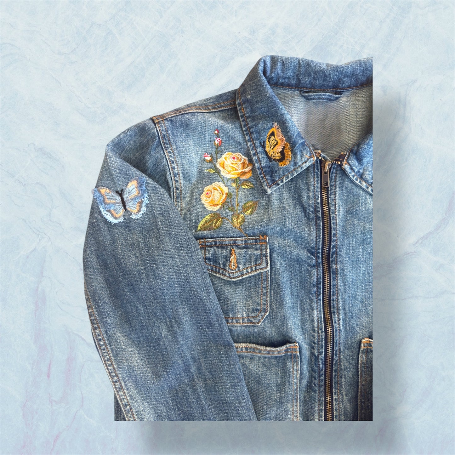 Women's Embroidered Denim Jacket - Floral and Butterfly Jean Jacket, Vintage Boho Style for Casual and Festival Wear