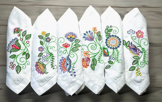 Embroidered Fashionable Flowers Cotton Napkins, Set Of 6.