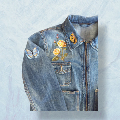 Women's Embroidered Denim Jacket - Floral and Butterfly Jean Jacket, Vintage Boho Style for Casual and Festival Wear